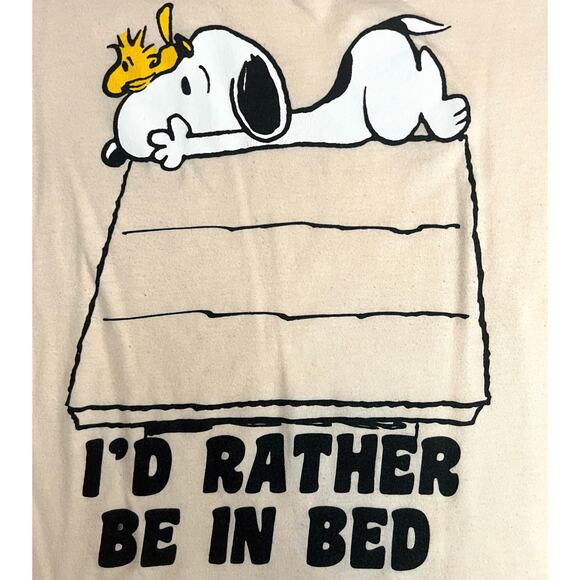Peanuts Snoopy Woodstock I’d Rather Be in Bed T-Shirt XL Beige V-Neck 2021 Tee - Picture 4 of 10